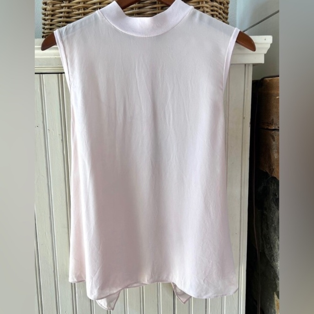 Vince 100% Silk Rib Trim Tank Top with Back Tie Detail, Light Pale Pink Sz Large